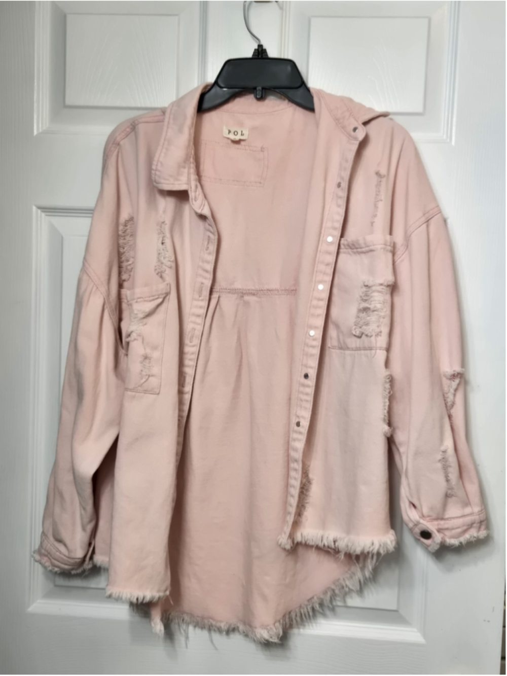 POL Clothing Pink Distressed Denim Shacket Jacket Star Patch SMT1165D Small